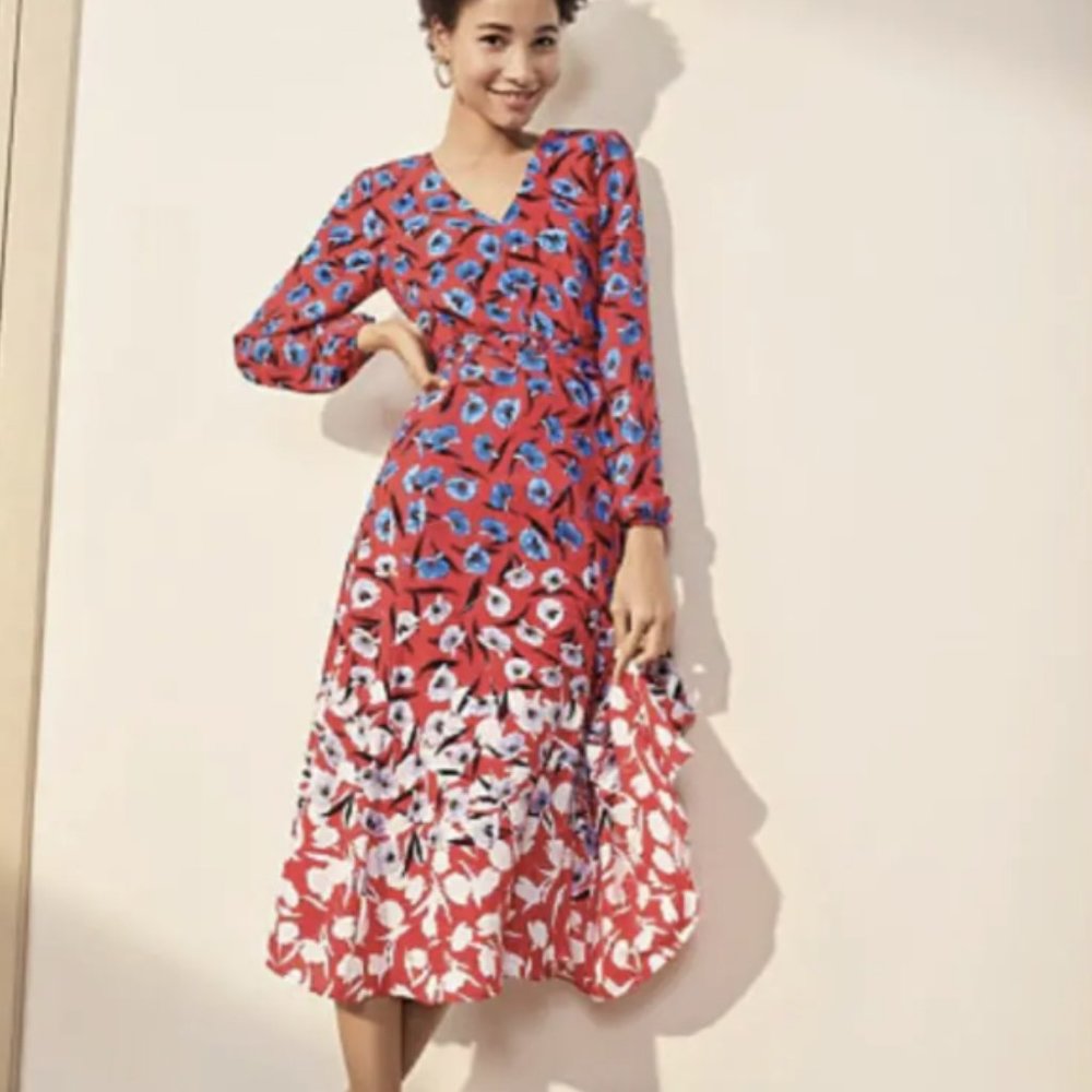 Ann Taylor Red White Floral Poppy Belted Midi Dress V Neck A Line Long Sleeve